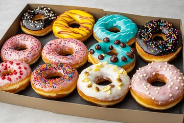 A set of ten assorted donuts featuring vibrant icing and toppings sits neatly in a bakery box, ready to be enjoyed as a sweet snack