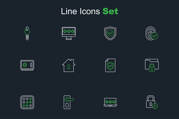 Set line Shield security with lock, Laptop password, Fingerprint door, Graphic protection, Folder and, Contract shield, House under and Safe icon. Vector