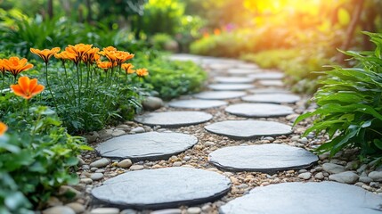 Serene Garden Path: Stone Stepping Stones and Blooming Orange Flowers