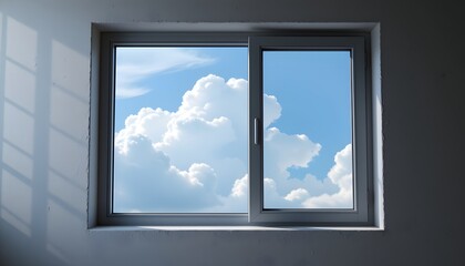 Window to the Clouds: An open window frame reveals a captivating panorama of a bright blue sky, dotted with fluffy white clouds, offering a sense of spaciousness and serene tranquility. 