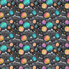Seamless tileable pattern of chalk leaves and mountains texture

