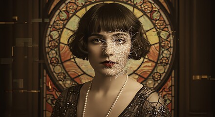Artistic portrait of a woman with a fragmented face and vintage style in front of a stained glass window
