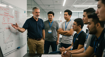 Senior Engineer Explaining Technical Concepts on Whiteboard