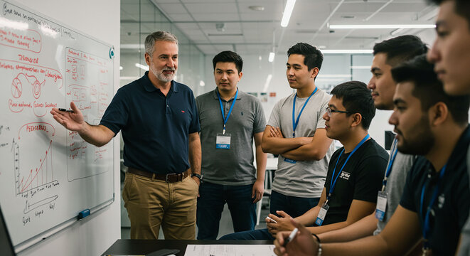 Senior Engineer Explaining Technical Concepts on Whiteboard