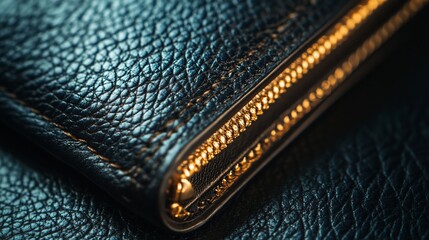 Luxurious Leather Wallet Detail: Golden Zipper and Textured Hide