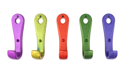 Vibrant row of colorful plastic handles, closeup view of tools and hardware