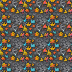 Seamless tileable pattern of chalk colorful leaves texture
