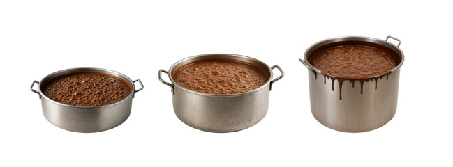 Boiling Hot Chocolate Fondue in Cooking Pans – PNG Collection - Stainless Steel Pots with Melted Chocolate