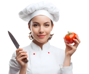 A smiling chef holds a knife and tomato, ready to prepare a delicious meal in a kitchen.