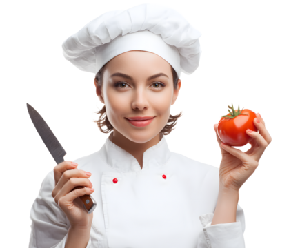A smiling chef holds a knife and tomato, ready to prepare a delicious meal in a kitchen.