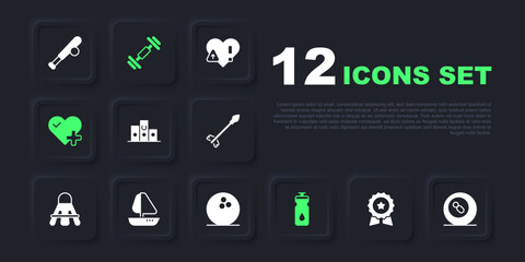 Set Medal with star, Billiard pool snooker ball, Award over sports winner podium, Fitness shaker, Heart rate, Yacht sailboat, Dumbbell and Bowling icon. Vector
