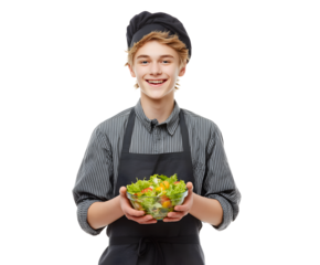 Cheerful young chef presents a fresh, colorful salad, perfect for promoting healthy eating habits.