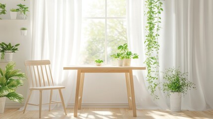 Fototapeta premium Sunlit room with light wood table, chair, and various potted plants near a window with sheer curtains