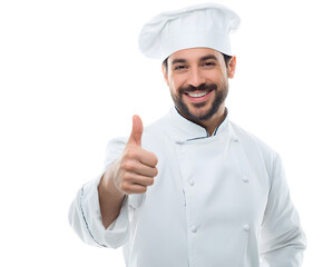 A smiling chef in a white uniform gives a thumbs-up sign of approval with great confidence.