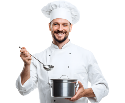 A friendly chef in a white uniform and hat smiles while holding a pot and a ladle.