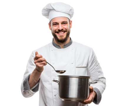 A cheerful chef in white uniform smiles as he holds a ladle and a pot, ready to serve a meal.