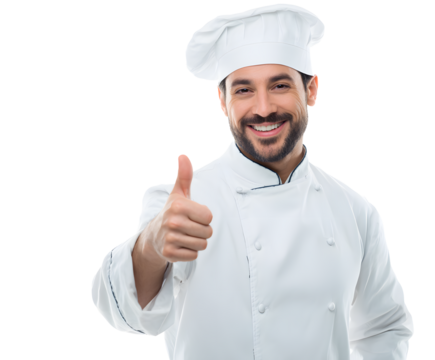 A smiling chef in a white uniform gives a thumbs-up sign of approval with great confidence.