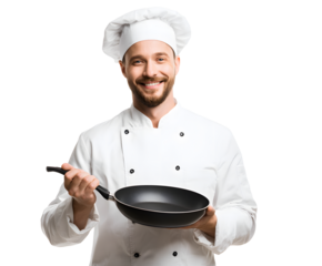 A smiling chef holding a frying pan, ready to create a delicious meal in the kitchen.