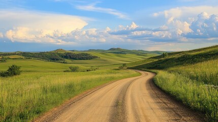 Fototapeta premium Scenic winding dirt road cutting through rolling green hills under a cloudy sky