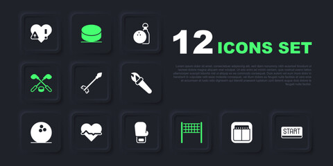 Set Sport mechanical scoreboard, Ribbon in finishing line, Medieval arrows, Volleyball net, Ice hockey sticks and puck, Heart rate, Hockey and Boxing glove icon. Vector