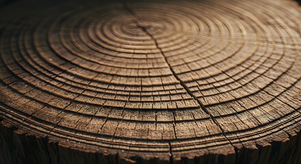Tree trunk cross section showing growth rings in detailed close up shot