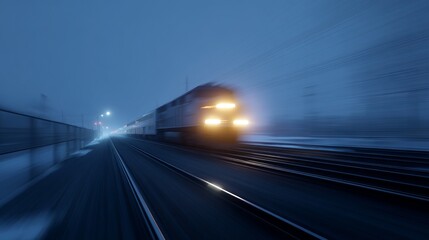 Obraz premium A speeding train races through a snowy landscape at dusk. The fog creates a mysterious atmosphere. Ideal for themes of motion and travel. Captivating and dynamic scene. AI