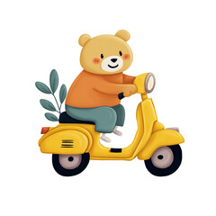 A charming bear riding a yellow scooter with a smile on its face. The adorable bear is wearing clothes, and the scene gives off a sense of adventure and joy