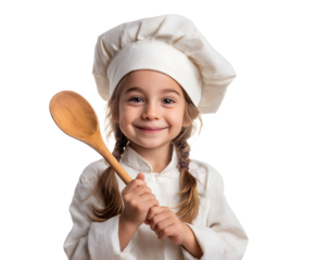 A young, smiling girl dressed as a chef, holding a wooden spoon and ready to bake.
