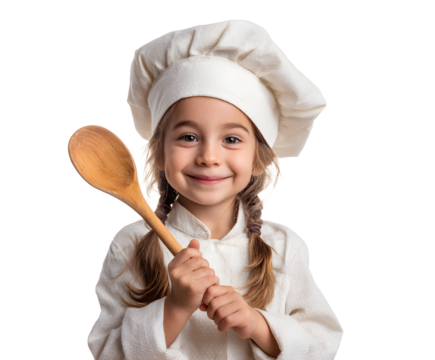 A young, smiling girl dressed as a chef, holding a wooden spoon and ready to bake.