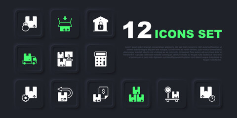 Set Scale with cardboard box, Carton, Warehouse boxes, Delivery cargo truck, Return, and Waybill icon. Vector