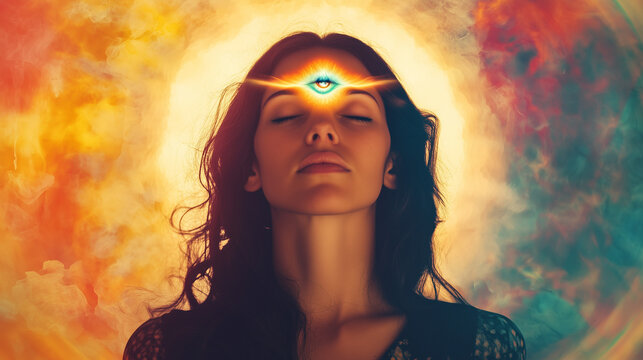 spiritual woman doing third eye meditation ajna chakra sixth chakra. opening third eye vision. connection to the universe