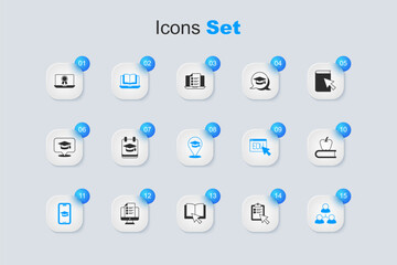 Set Online quiz, test, survey, education, class, Graduation cap mobile, Book with apple, diploma and icon. Vector