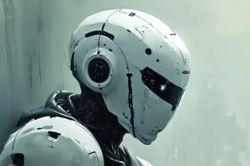 A Weathered White Robot Stands Pensively Alone