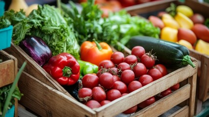 Fresh vegetables in wooden crate at farmer market for healthy organic nutrition lifestyle scene photo