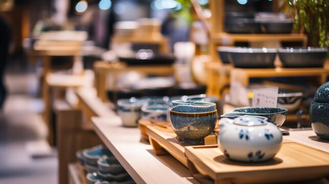 Ceramic dishes on market display table in shop for traditional handmade pottery product showcase
