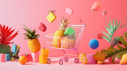 Colorful shopping cart full of tropical fruits with vibrant pink background for summer market concept