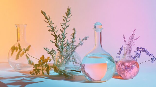 Natural herbs and glass lab flasks on pastel background for cosmetic essential oil science imagery