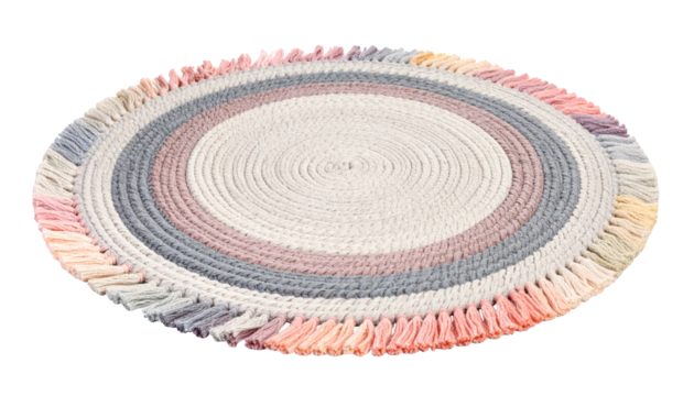 Bohemian chic round rug with fringes on black background, a stylish home decor piece