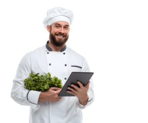 A smiling chef, holding a tablet and fresh greens, ready to prepare a culinary creation.