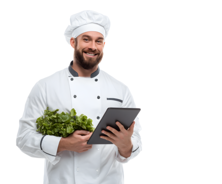 A smiling chef, holding a tablet and fresh greens, ready to prepare a culinary creation.