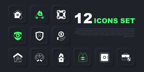 Set Safe, Briefcase with shield, Life insurance, jacket, Shield and eye, Burning car and Fire burning house icon. Vector