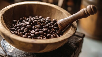 Obraz premium Rustic wooden bowl filled with roasted coffee beans and grinder tool for caffeine drink preparation photography