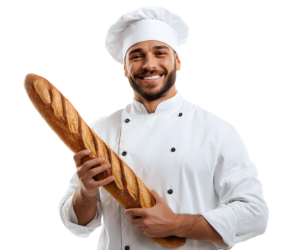 A smiling baker proudly holds a freshly baked baguette, showing off his delicious bread.