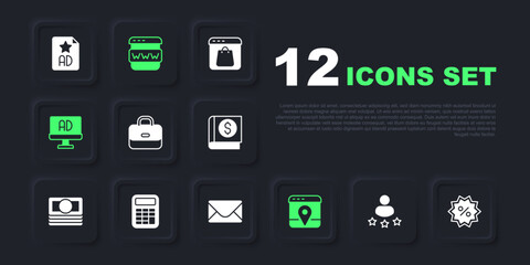 Set Consumer product rating, Discount percent tag, Briefcase, Infographic of city map, Advertising, Calculator, Browser window and Mail and e-mail icon. Vector