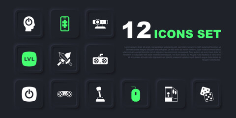 Set Case of computer, Game dice, Sword for game, Computer mouse, Level, controller joystick, Mobile gaming and Gear shifter icon. Vector