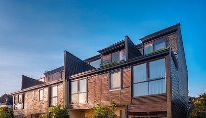 view of townhouse block with clean rooflines and light catching glass surfaces