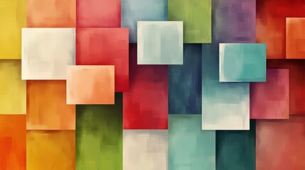 An abstract display of colorful overlapping squares with paint texture