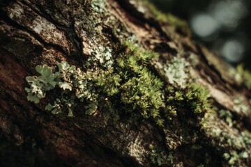 Minimalist Close-Up of Tree Bark with Moss and Lichens