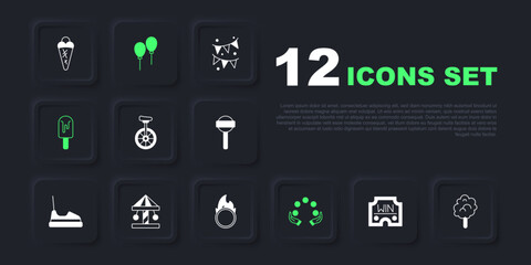 Set Casino win, Cotton candy, Unicycle, Juggling ball, Ice cream, Attraction carousel, Balloons with ribbon and Circus fire hoop icon. Vector © Iryna