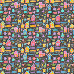 Colorful chalk cottages on blackboard seamless pattern
